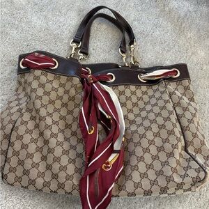 Gucci Beige GG Canvas Tote with Brown Leather Trim and Burgundy Scarf